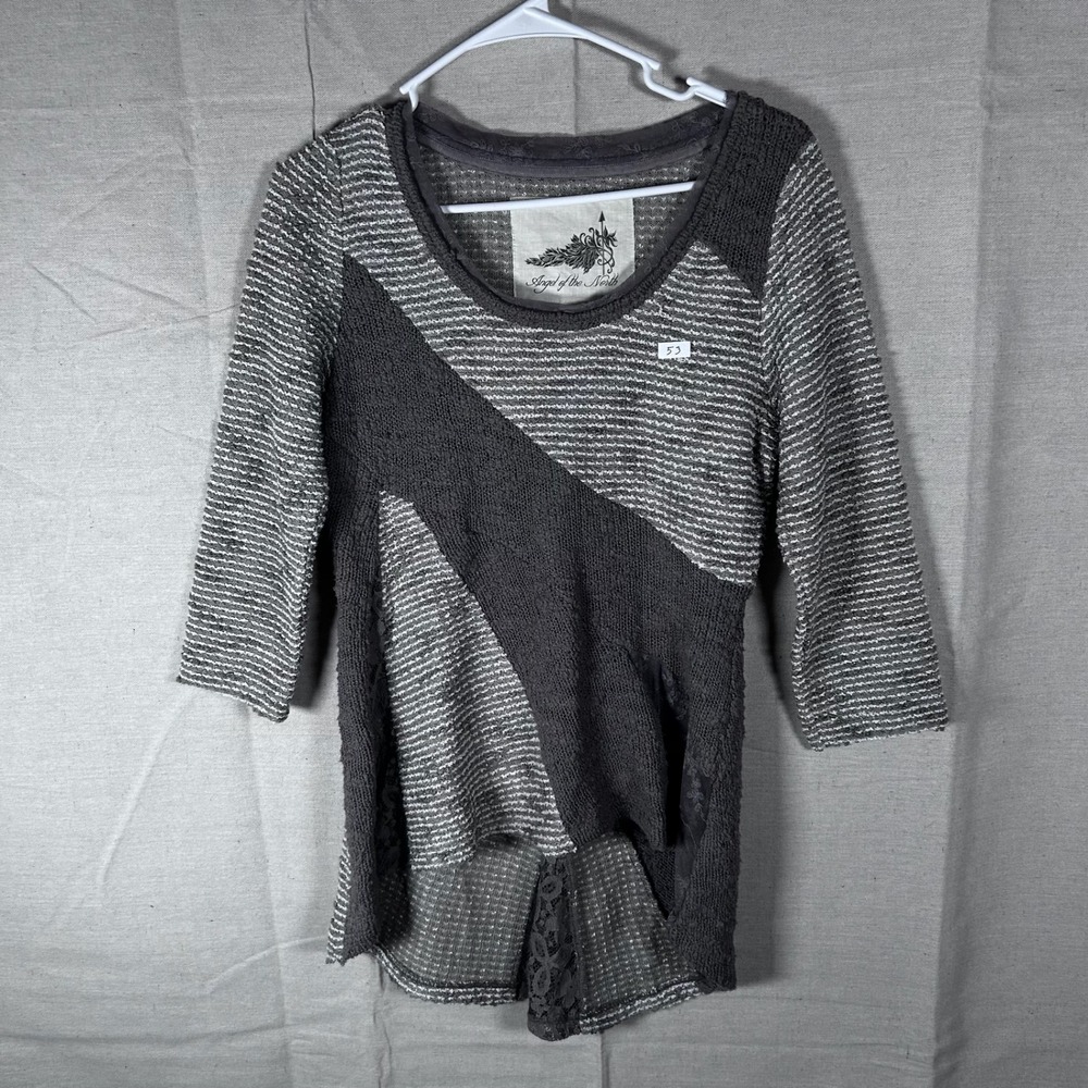 Angel of the North Anthropologie Mixed Knit‎ Lace Back Tunic Sweater Grey Medium